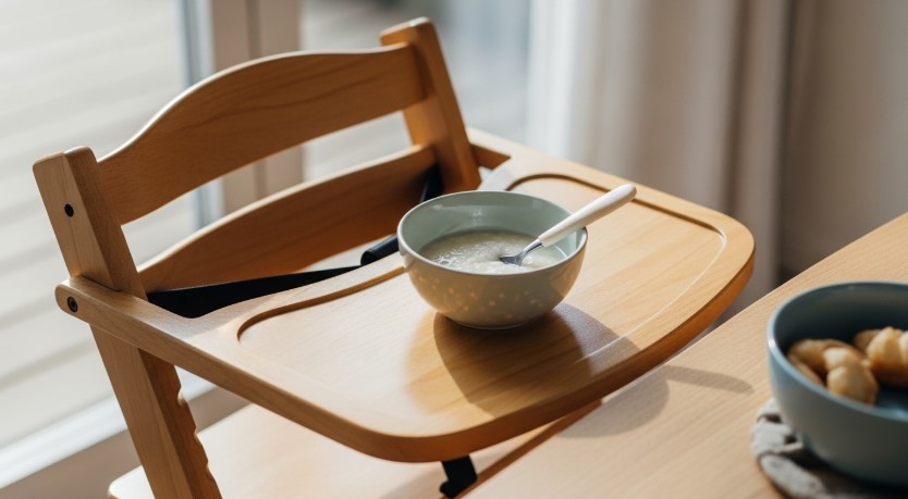 Sweet rice porridge for baby in high chair