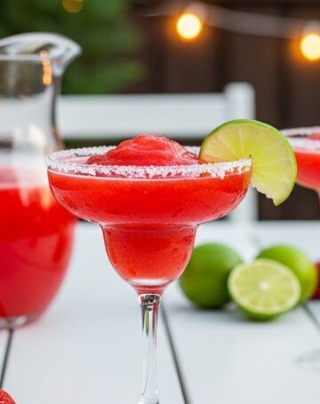 pitcher of strawberry margaritas in backyard setting
