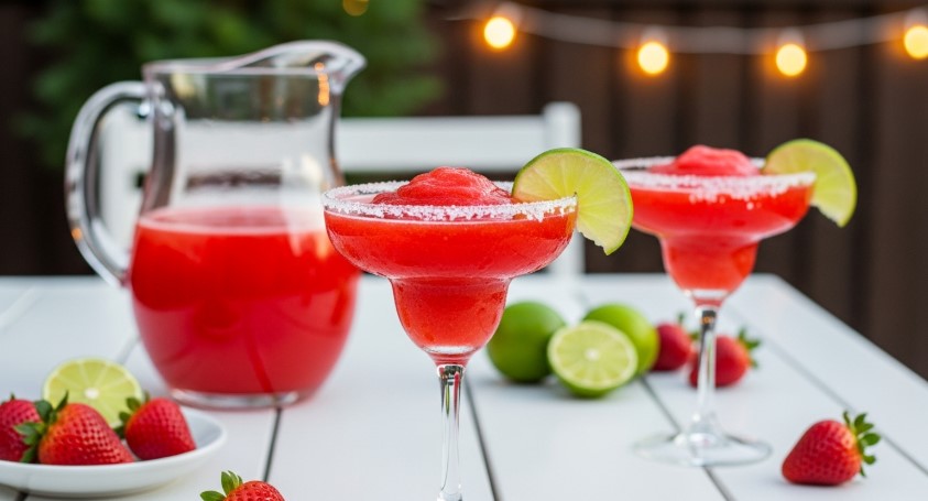 pitcher of strawberry margaritas in backyard setting