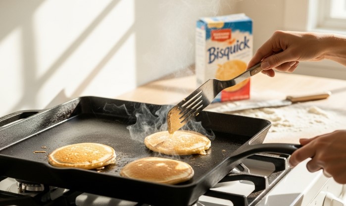 Bisquick pancake recipe cooking on cast iron griddle