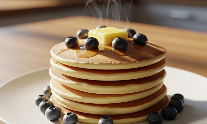 Stack of Bisquick pancakes with butter and blueberries