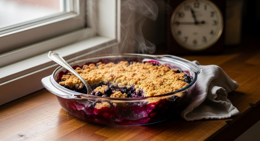 freshly baked blueberry crumble cooling in a warm kitchen