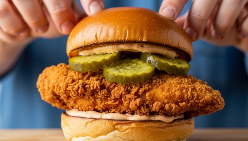 assembling homemade fried chicken sandwich with pickles