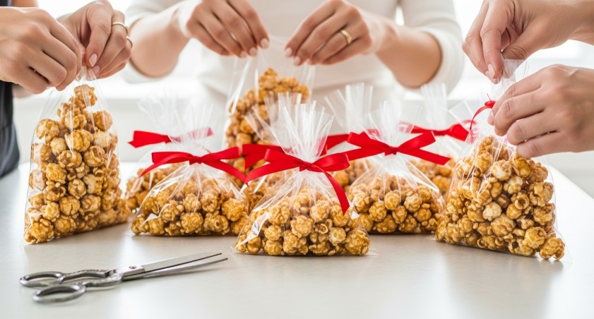 packing caramel popcorn into gift bags