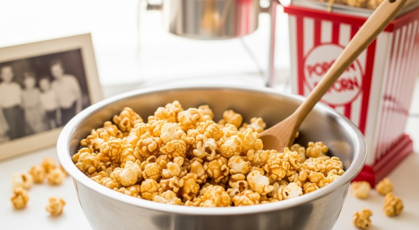 fresh batch of caramel popcorn in a kitchen bowl