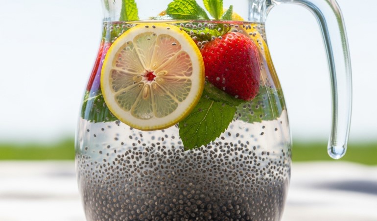 Fruit infused chia water with lemon and berries