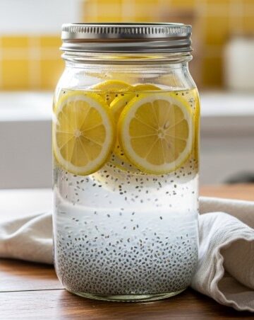 Homemade chia water recipe in a mason jar with lemon