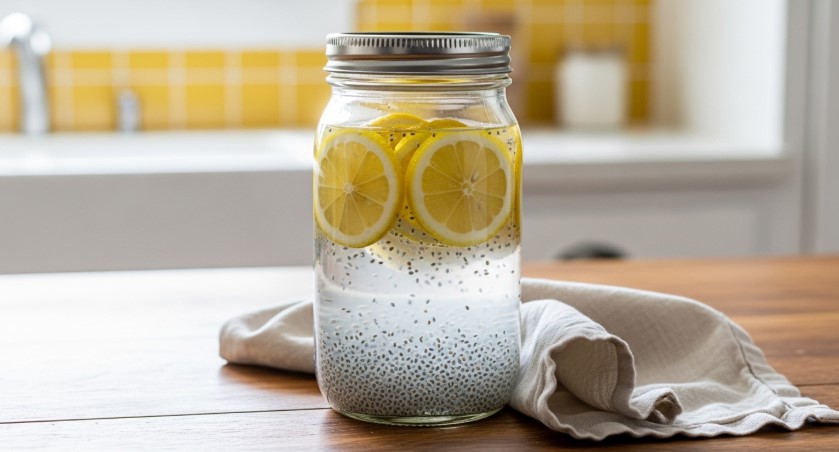Homemade chia water recipe in a mason jar with lemon