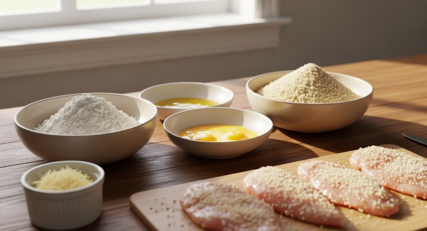 Homemade breading station for chicken cutlets
