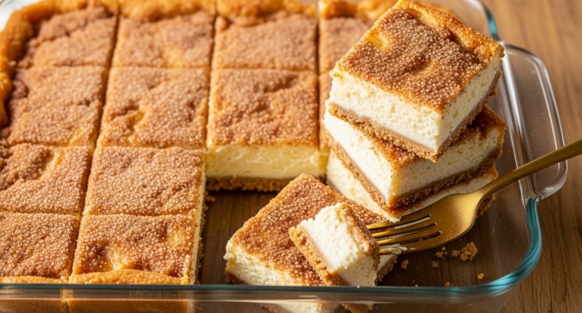 sliced churro cheesecake bars with golden cinnamon topping