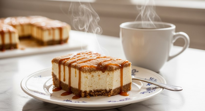 churro cheesecake with caramel drizzle and coffee