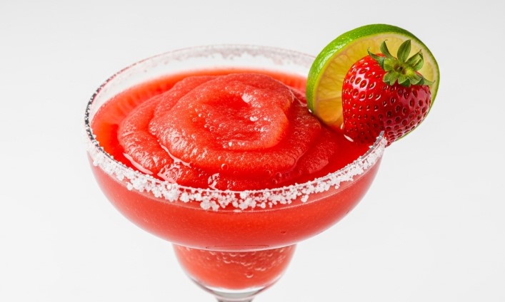 frozen strawberry margarita in a glass with strawberry and lime garnish