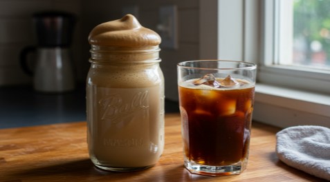 fresh cold foam in mason jar next to iced coffee in warm kitchen