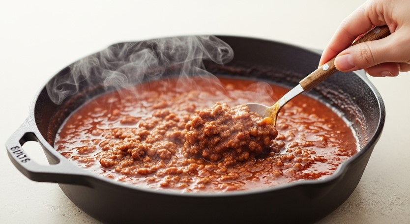 Easy hot dog chili cooking in a cast iron skillet