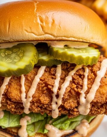 golden fried chicken sandwich with pickles and sauce