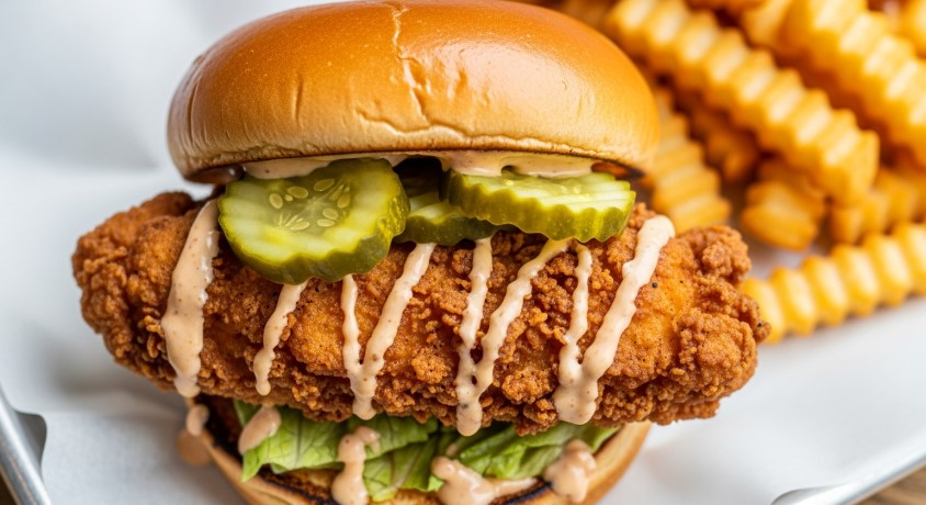 golden fried chicken sandwich with pickles and sauce