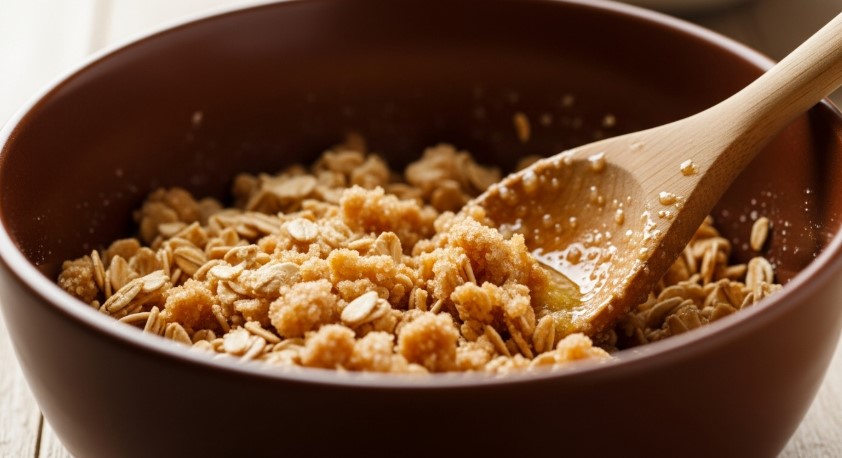 stirring oat crumble topping with melted butter