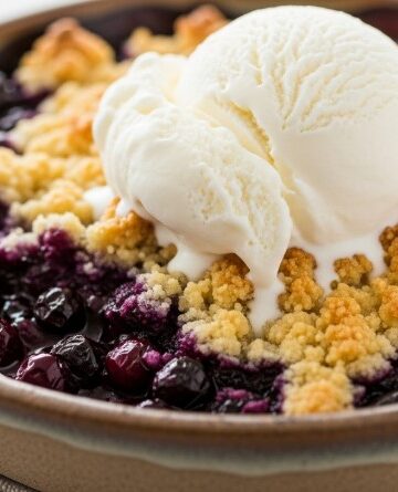 warm blueberry crumble with vanilla ice cream