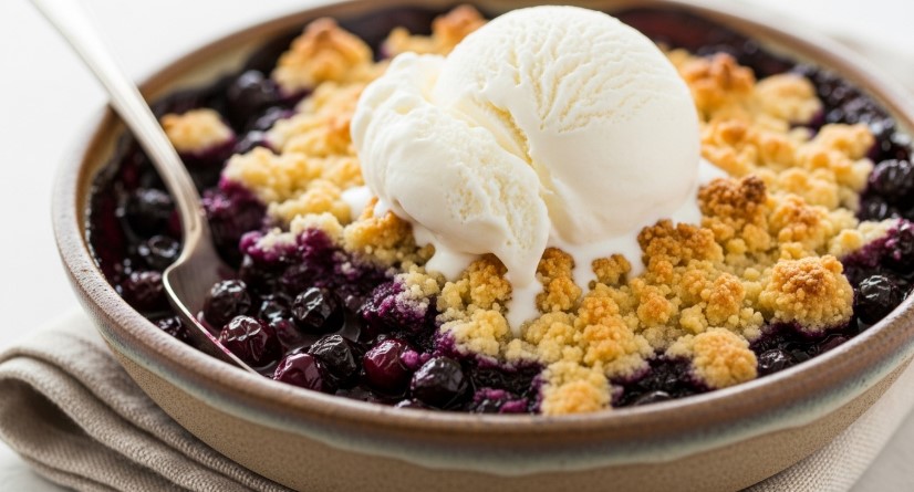 warm blueberry crumble with vanilla ice cream