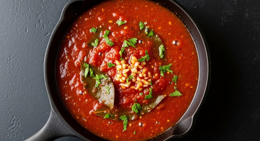 Finished seafood boil sauce with garlic and herbs in a skillet