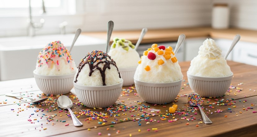 Finished snow ice cream with assorted toppings