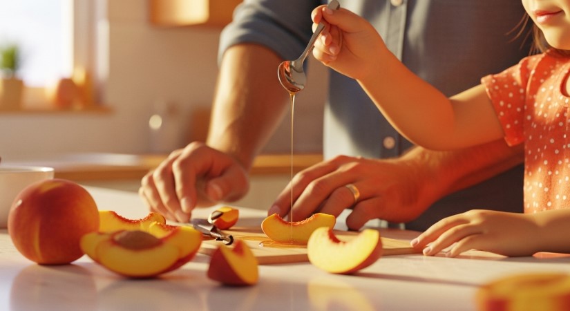 father and daughter making unique peach jam