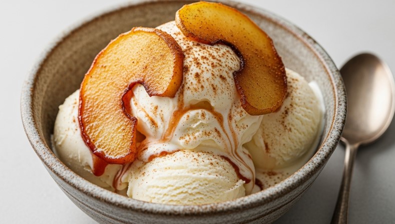 fried apples over vanilla ice cream dessert