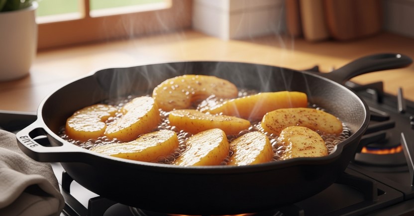 fried apples recipe in skillet with cinnamon and butter