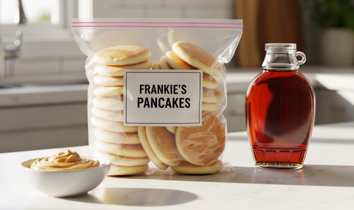 Frozen Bisquick pancakes ready for reheating