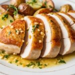 golden roasted bone-in chicken breast with garlic-herb sauce and potatoes