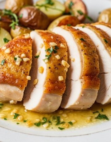 golden roasted bone-in chicken breast with garlic-herb sauce and potatoes