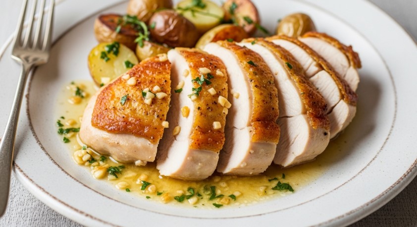golden roasted bone-in chicken breast with garlic-herb sauce and potatoes