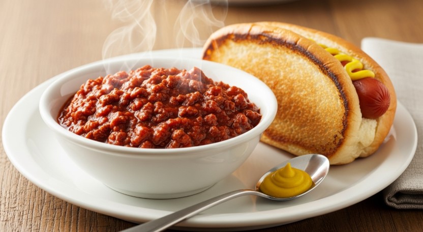 Thick hot dog chili with mustard served beside a toasted bun