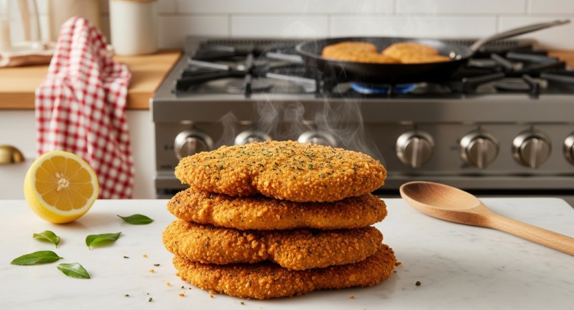 Italian chicken cutlets frying in cozy kitchen