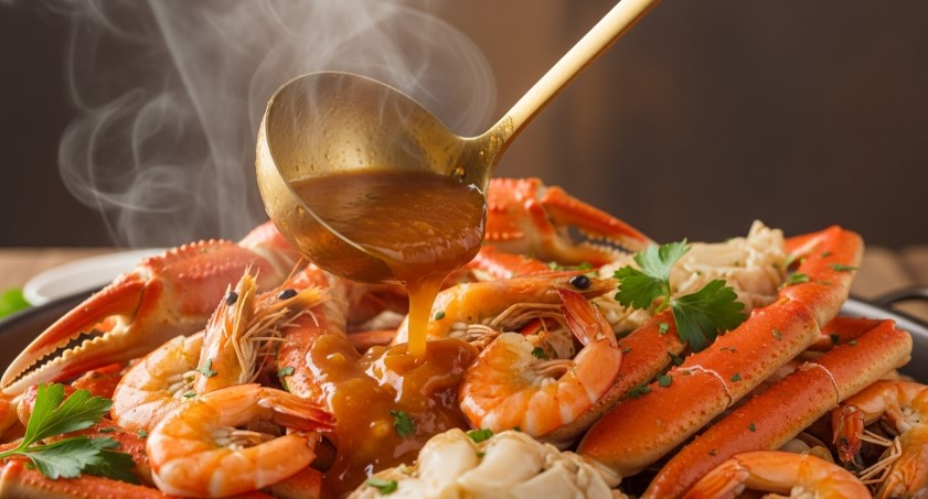 Pouring seafood boil sauce over crab legs