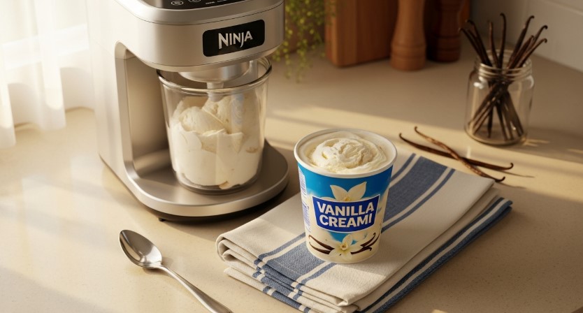 Vanilla Ninja Creami ice cream in pint container beside machine