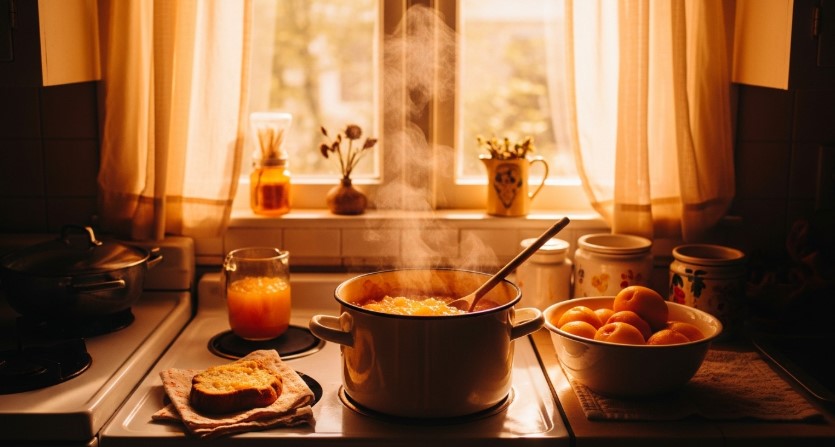 classic peach jam cooking in a sunny South Philly kitchen