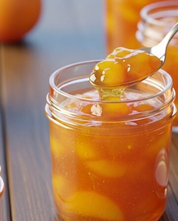 jars of peach jam rustic table