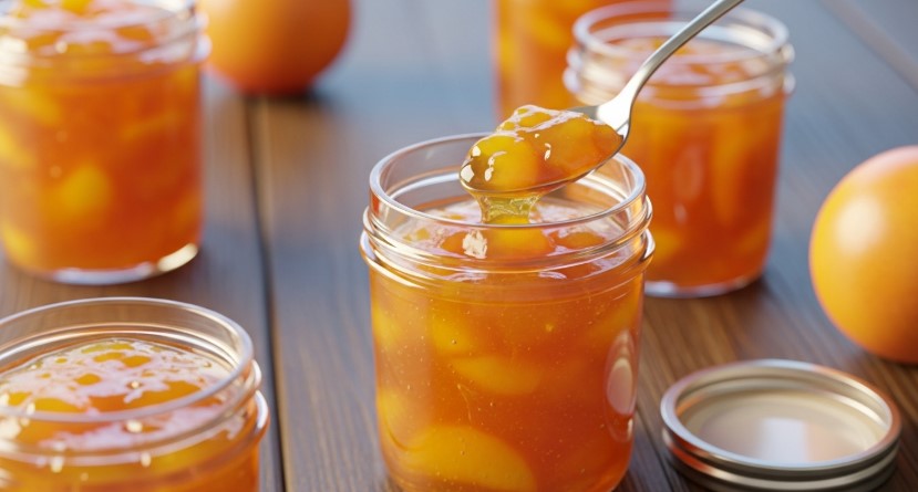jars of peach jam rustic table