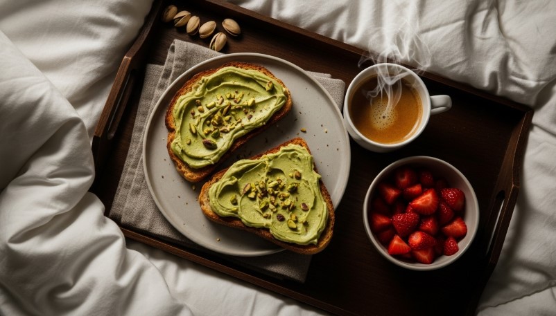 pistachio cream on toast with coffee and fruit breakfast in bed