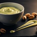 finished pistachio cream in bowl with croissant
