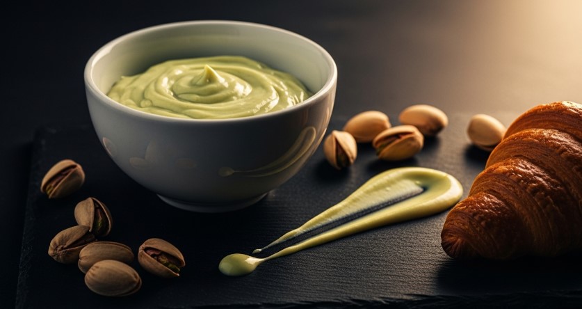 finished pistachio cream in bowl with croissant