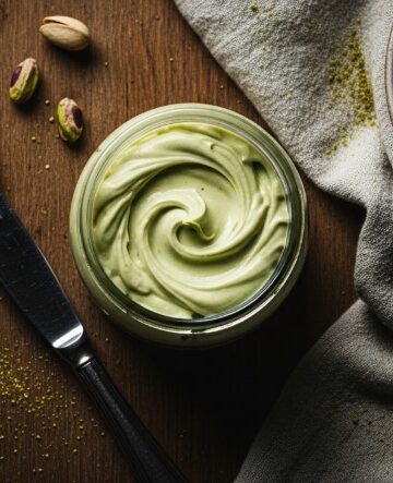 creamy homemade pistachio cream in a jar with spoon and pistachios on table