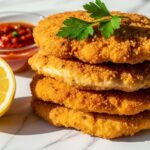 Crispy chicken cutlet plated with lemon and parsley