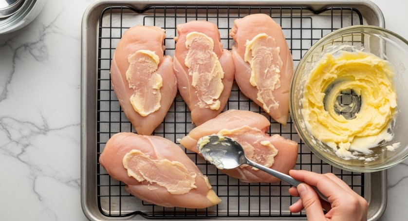 prepping bone-in chicken breast with butter under the skin