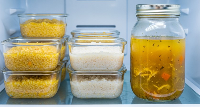 Rice porridge meal prep containers in fridge