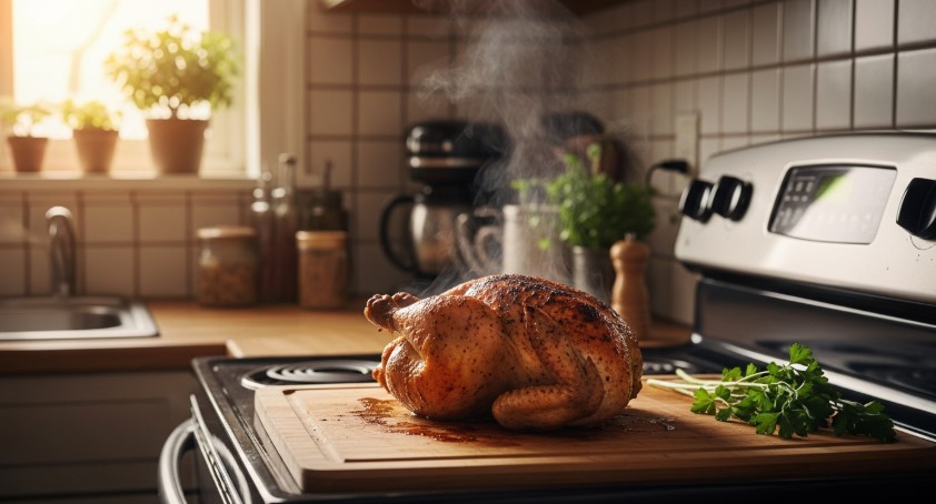 roasted bone-in chicken breast resting with golden crisp skin