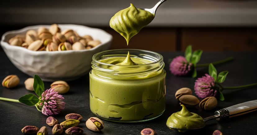 spoon lifting silky pistachio cream from jar