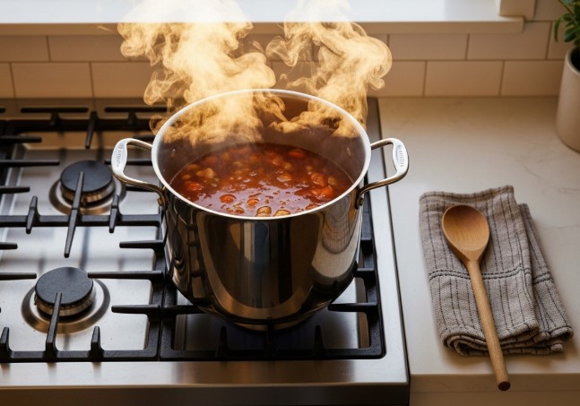 simmering beef bone broth recipe on stovetop