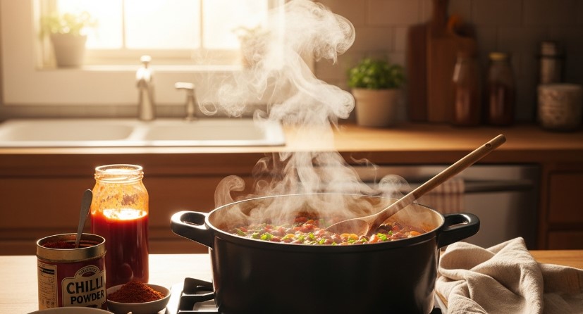 Hot dog chili simmering in a cozy kitchen
